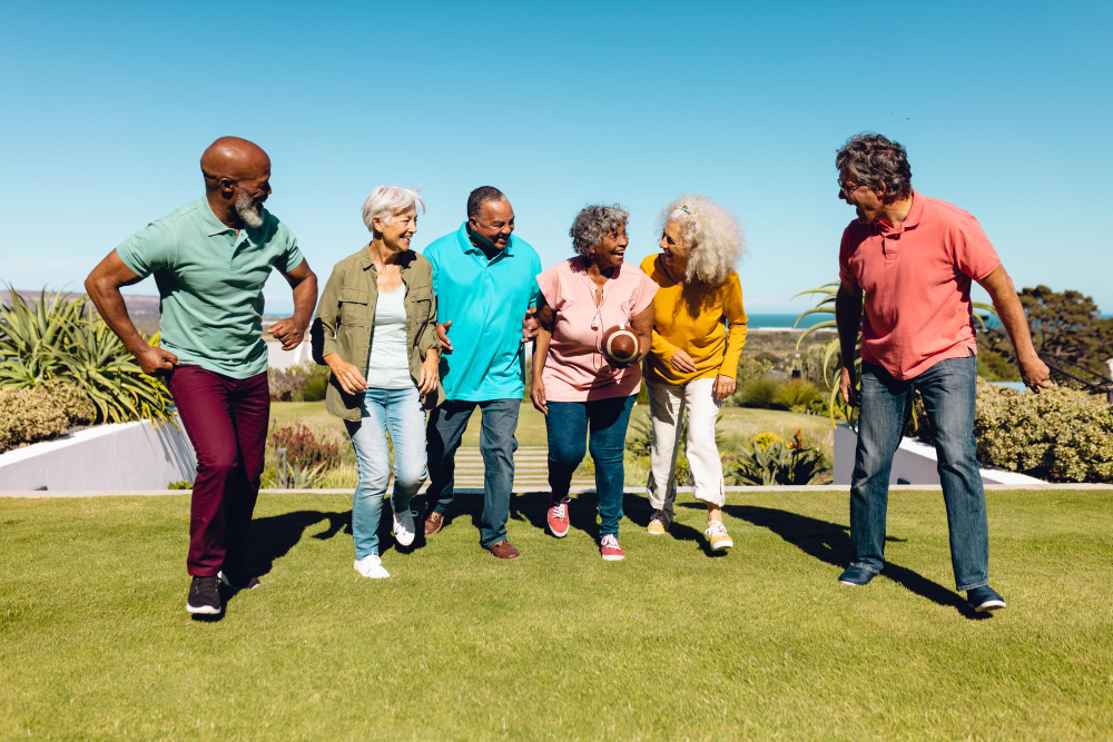 Diverse seniors enjoying outdoor activities together