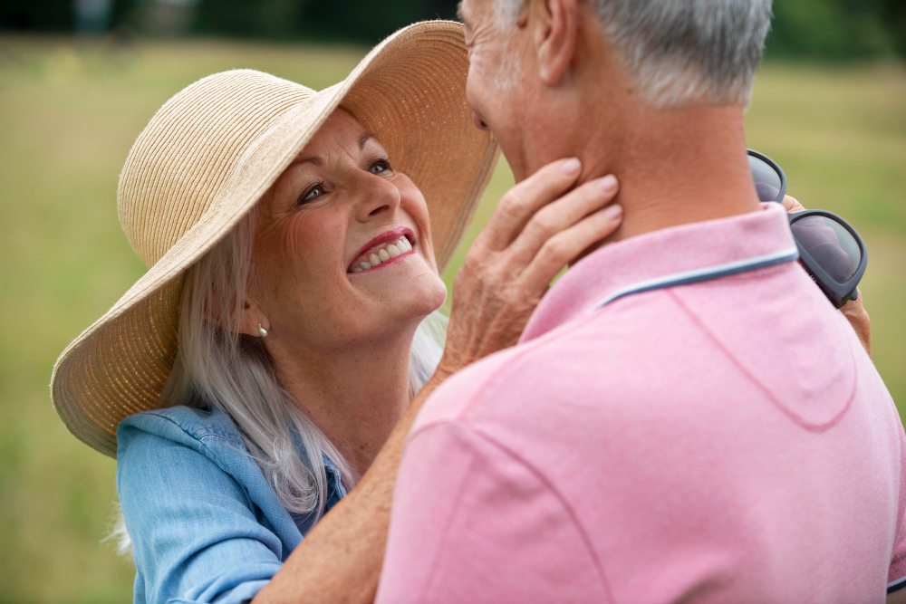 Senior couple sharing a romantic moment outdoors